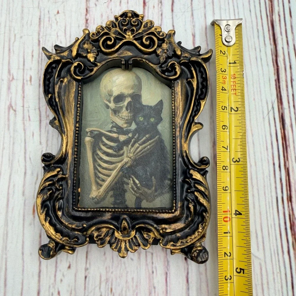 Handmade Skeleton Black Cat Art Ornate Baroque Gold Black Resin Frame